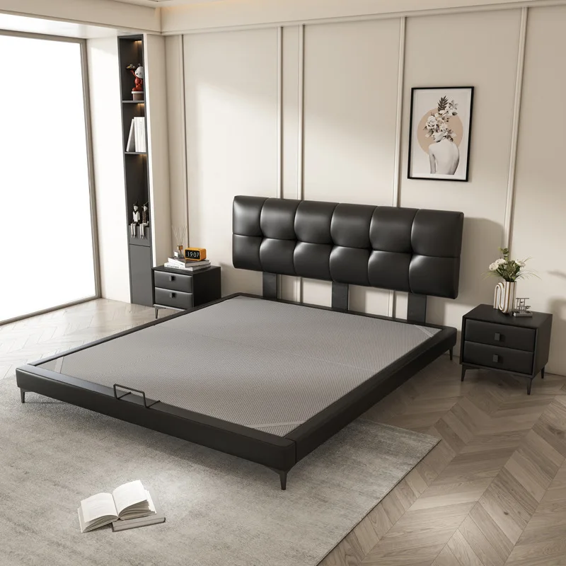 

First layer cowhide suspended leather bed Italian minimalist master bedroom double bed light luxury soft leather art bed