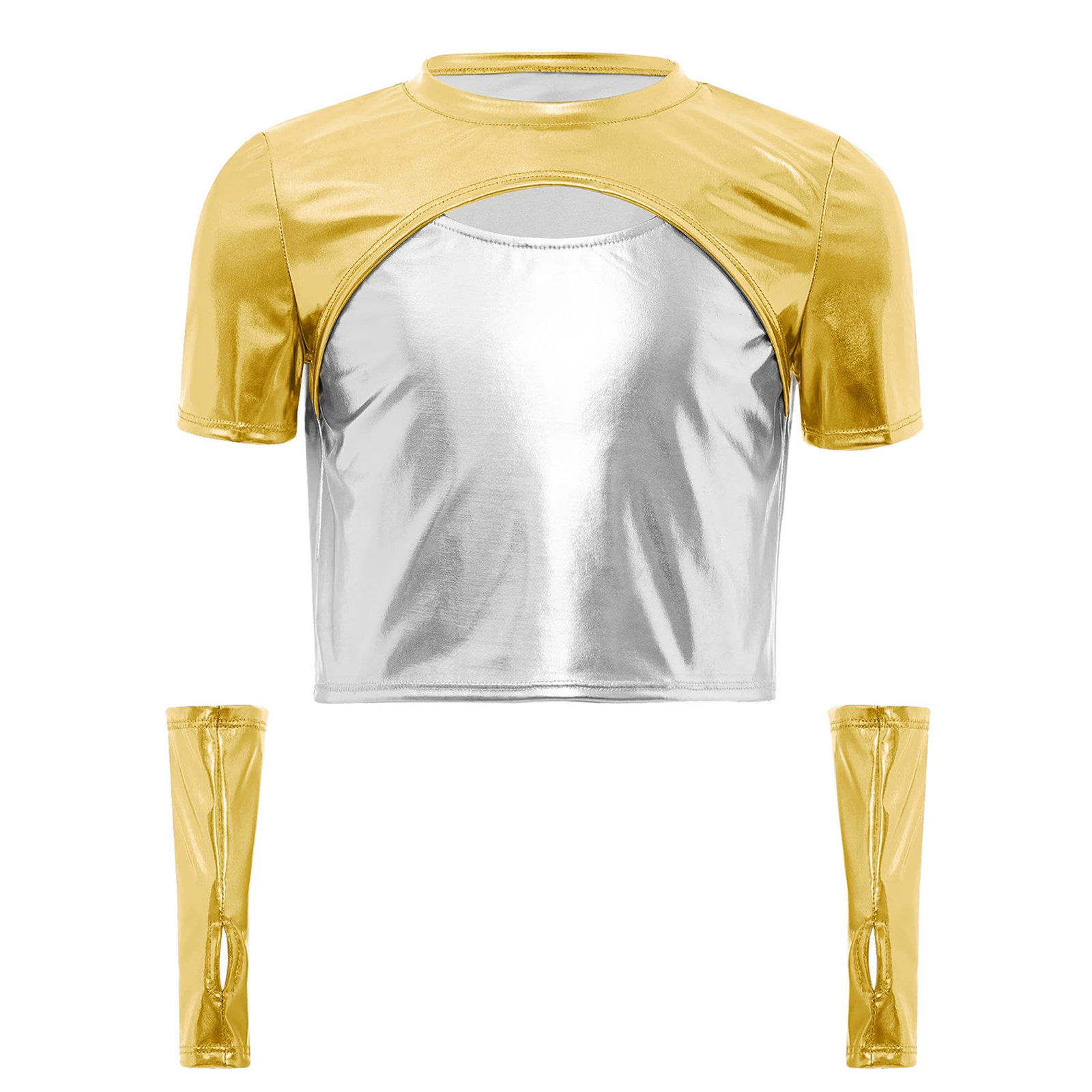 

Kids Girls Hip Hop Crop Top Sparkle Ruffled Shirt Disco Dance Wear with Metallic Short Sleeves for Cheerleading Jazz Dance Stage