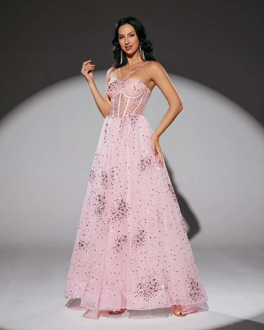 

Customized Exquisite Women Tulle Rhinestone Sequined A-Line Evening Dresses Sparkle Spaghetti Strap Sleeveless Long Prom Dresses