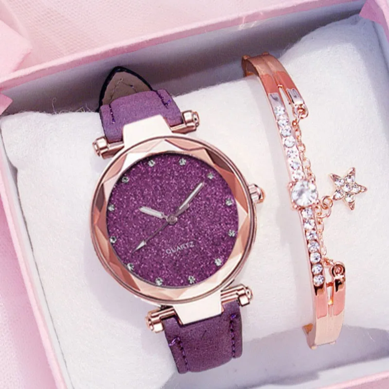 

Round Face Rhinestone Star Sky Silver Pink Women for Watch Leisure Fashion Trend Frosted Belt Vintage Black Quartz Wristwatch