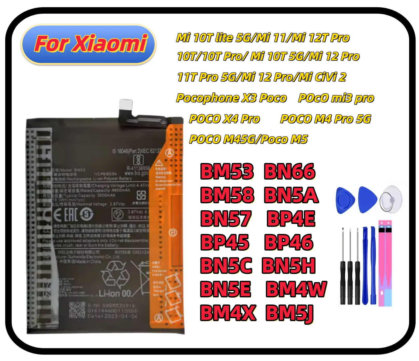 

For Xiaomi Mi10T lite 5G/Mi 11/ Pro/Mi 10T 5G/Mi12/Pro11T/Mi 12 Pro/ CiVi 2/X3 /POco mi3 pro/X4 Pro/ M4/5G/M5 Replace battery