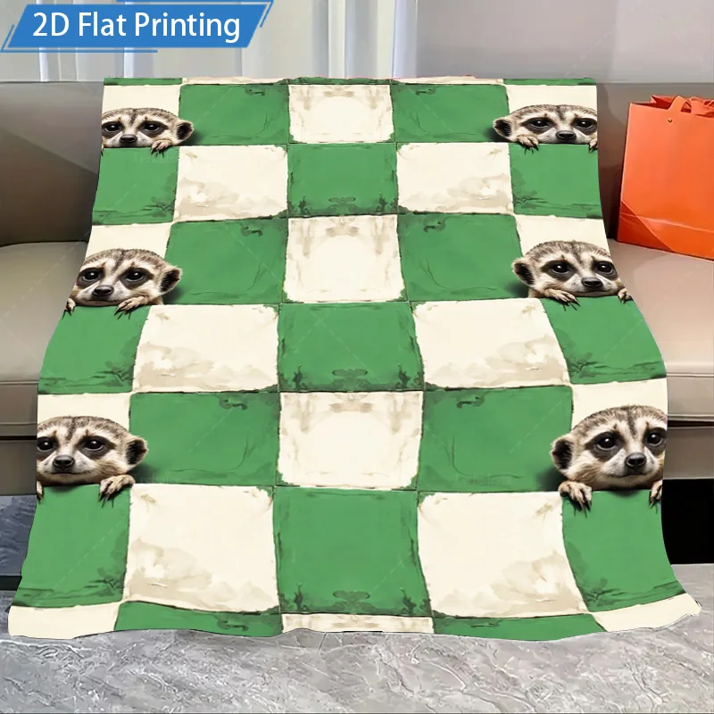 

1pc Flannel Blanket Cute Meerkat Checkered Fleece Blanket - Cozy Green & Cream Throw for Living Room