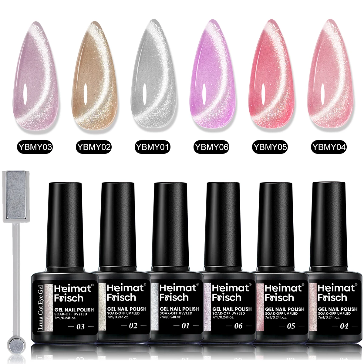 

6 Piece 0.24oz New Mirror Moonlight Cat Eye Ice-Clear Velvet Cat Eye Nail Gel Set. Suitable for LED nail salons.