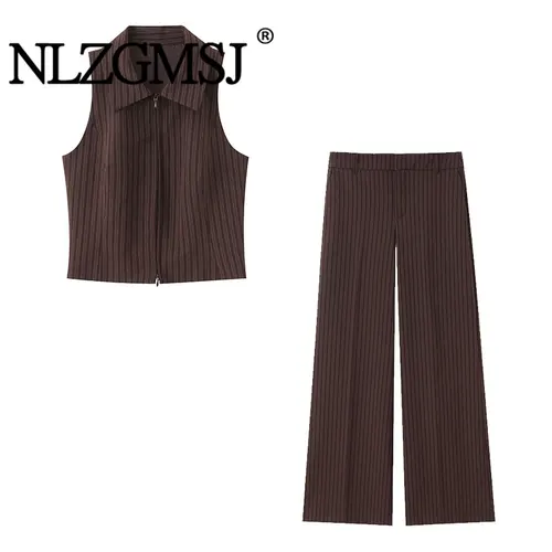 Imagen 1 del producto NLZGMSJ 2026 Trajes Casuales Elegantes a Rayas para Mujer, Primavera, Chaleco Corto sin Mangas, Pantalones de Pierna Ancha de Cintura Alta, Trajes de Moda