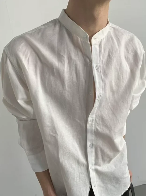 

Men's Slim Fit Cotton Linen irt Casual Long Sve Thin Breathable Stand Collar Silk Pleated Fabric Workwear