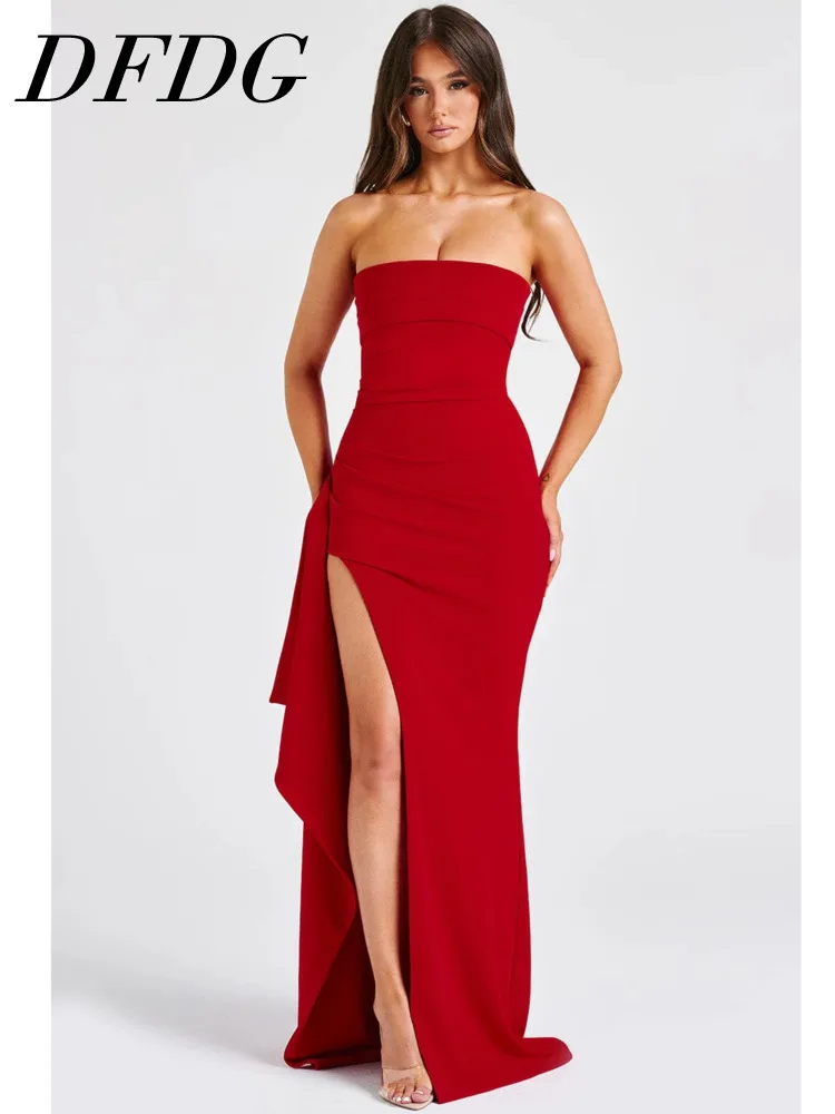 

DFDG Women's 2025 Spring Summer Elegant Black Maxi Dress Off-Shoulder Strapless Open Back High Slit Sexy Sling Formal Gown Dress
