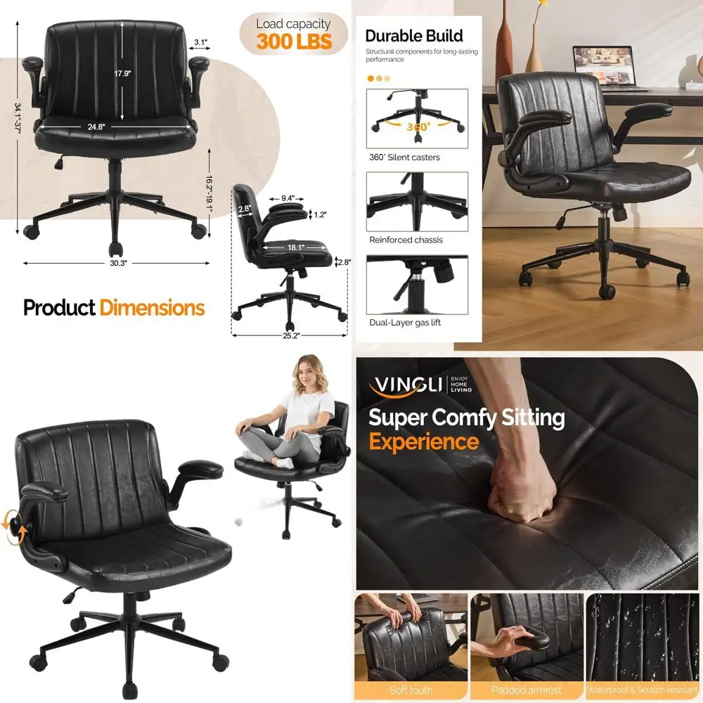 

Adjustable Armrest Cross-Legged Office Chair with Wheels, Wide Comfort Desk Seat for Home, Vanity, Bedroom, Black PU Leather