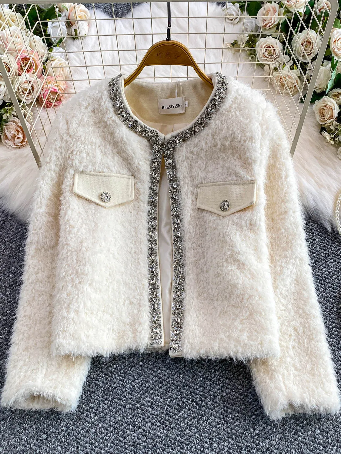   معطف فرو شتوي نسائي من V-Ne Jaet مرصع بالألماس الأبيض، ملابس خارجية منسوجة ثقيلة