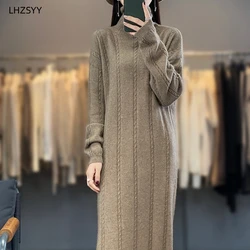 LHZSYY Dolcevita 100% pura lana Abito da donna Nuovo autunno inverno Hip Wrap Gonna in maglia Maglioni di fascia alta Abito lungo in cashmere allentato