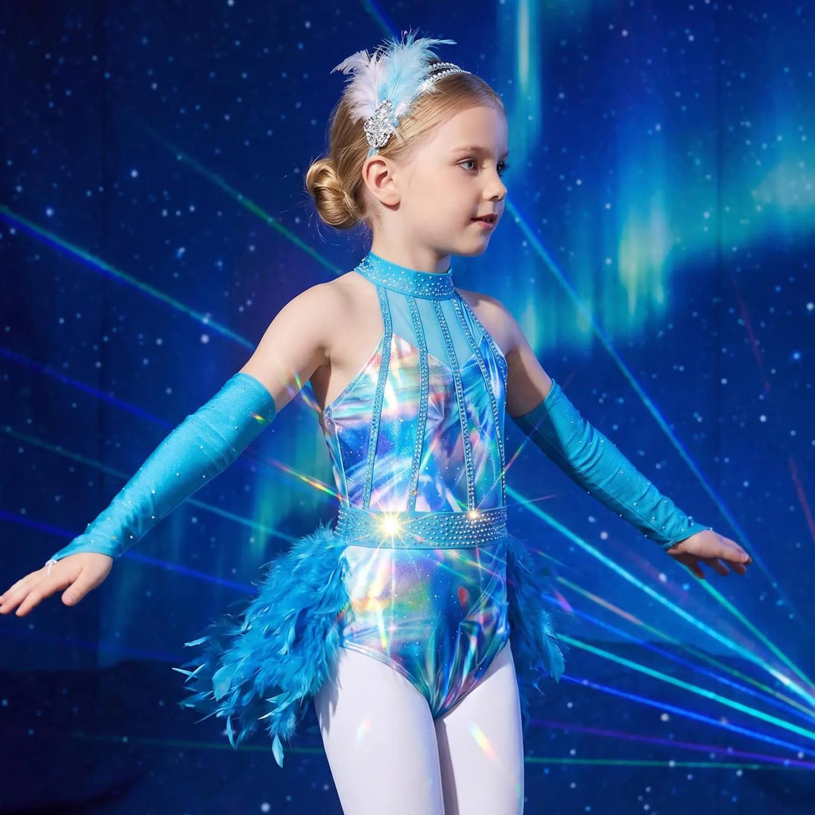 6-16Y Girls Jazz Dance Costume Sleeveless Rhinestones Feather Ballet Gymnastics Figure Skating Leotard Dress with Oversleeves