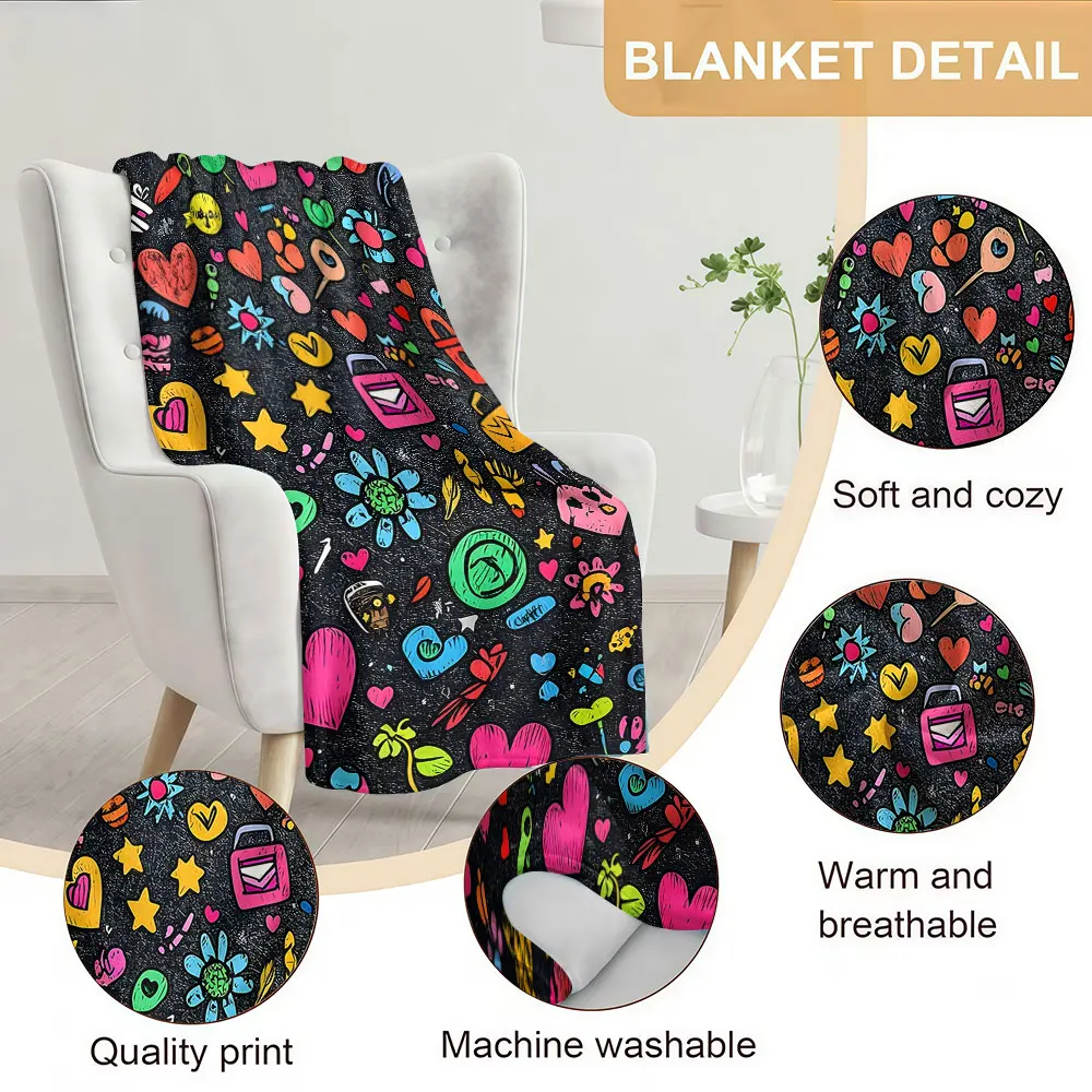 Black Graffiti Heart Doodle Soft Warm Flannel Blanket Lightweight Cozy Christmas Halloween Home Decor Room