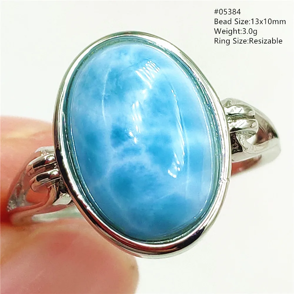 Natural Blue Larimar Oval Adjustable Ring Jewelry Water Pattern Real Larimar For Women Men Healing Fashion Stone AAAAAA