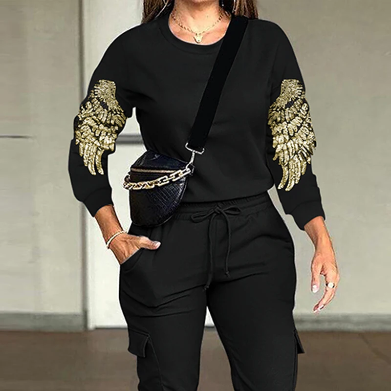 

Women Sportwear 2024 Cargo Pockets Two Piece Suit Fashion New Sequins Flying O-Neck Long Sleeve Shirt Tops&Drawstring Pants Set