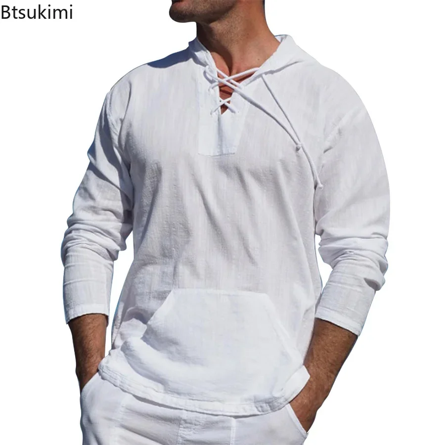 2024 Men\'s Casual Long Sleeve Tee Shirt Hooded Cotton Linen Loose Tops Shirts Man Husband Holiday Beach Shirts Male Ropa Hombre