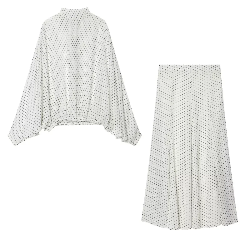 ETJ Dames Polka Dot Blouse Rok Set 2026 Lente Hoge Hals Vleermuismouw Doorzichtige Voorkant Strik Midi A-lijn Jurk Set