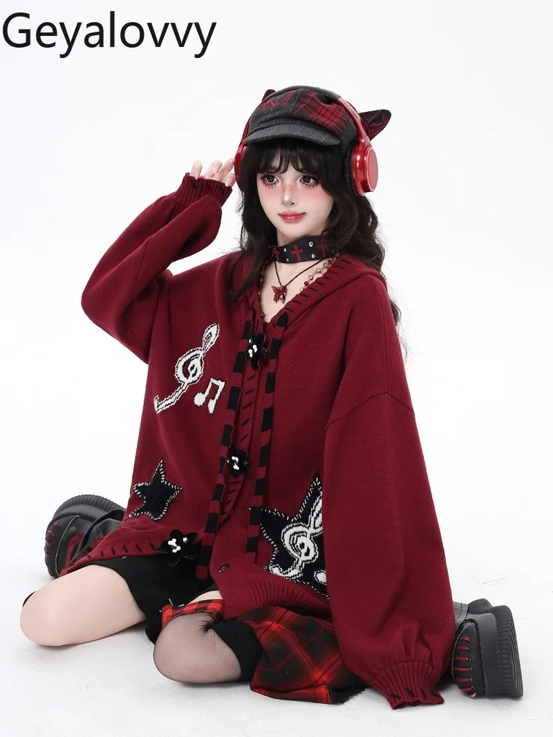 اليابانية الأصلية الجديدة الأسود والأحمر الحلو بارد فضفاض سترة محبوكة فانوس كم واحدة الصدر مقنعين سترة سترة