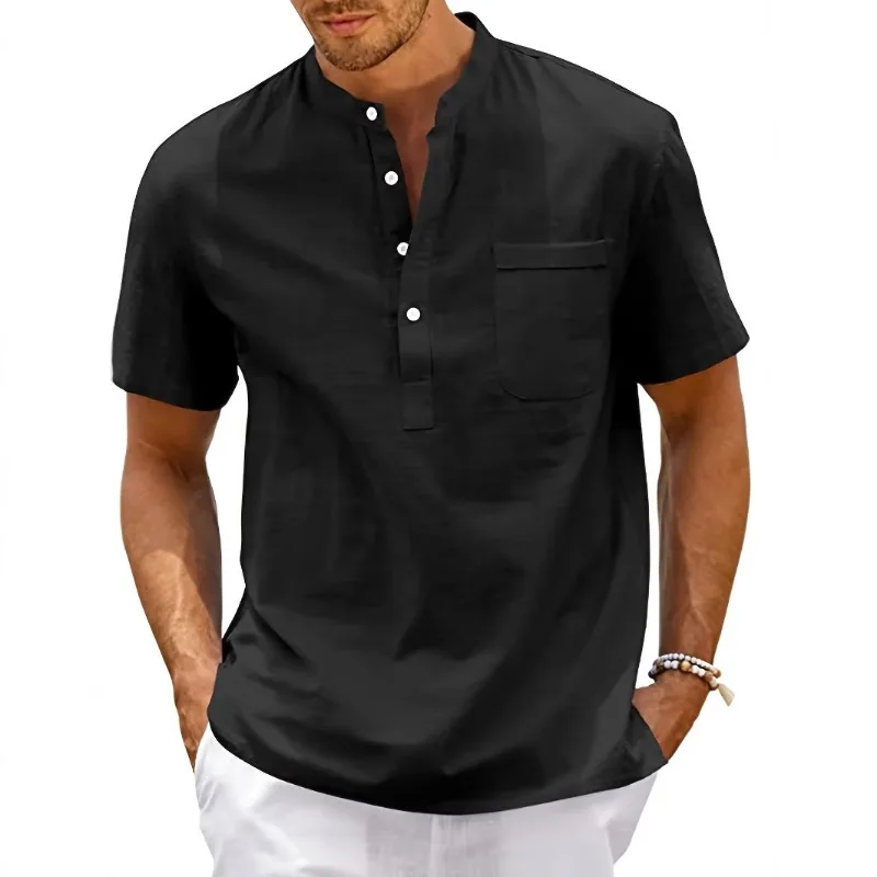 Men Solid Stand Collar Half Button Short Sleeve Henley Shirt Chest Pocket Loose Linen Blend Casual Summer Tops - view 4