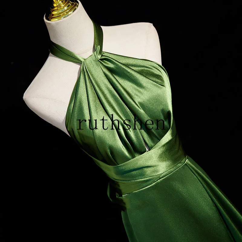 Abendkleider Elegante Longo Verde Cetim Vestidos de Noite Halter Plissado Vestido de Baile para As Mulheres فسات -.maveraOcasião Formal Personalizado