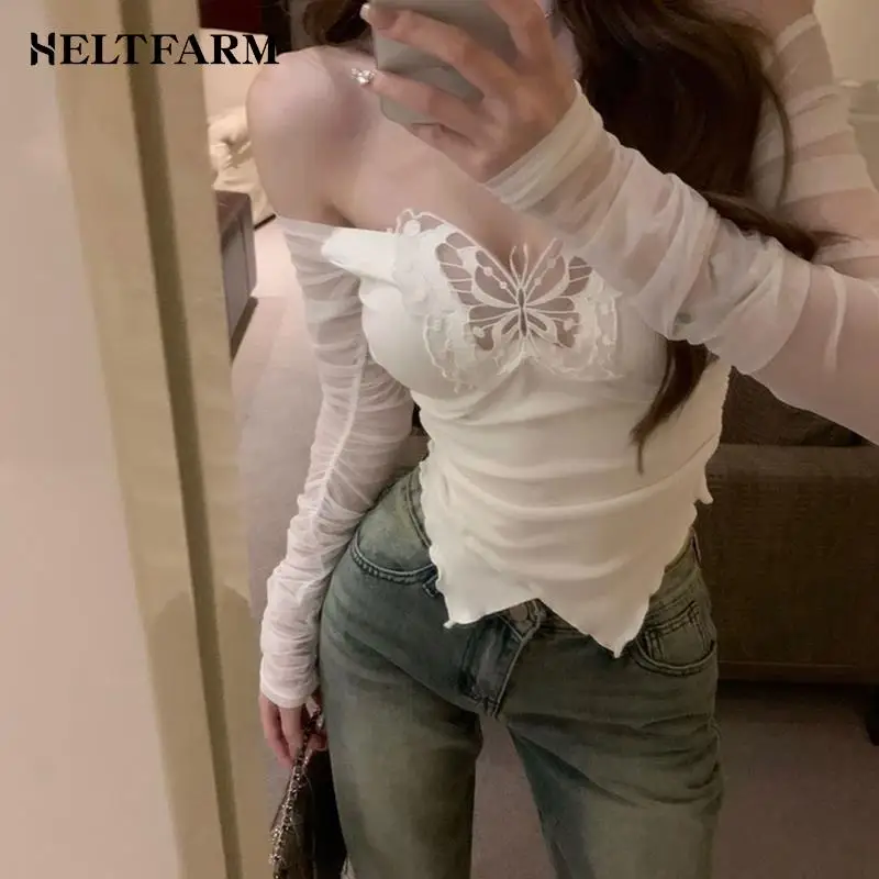 Women Sexy Butterfly Hollow Mesh Splicing Long Sleeve T-shirt Hottie Irregular Slim Crop Top