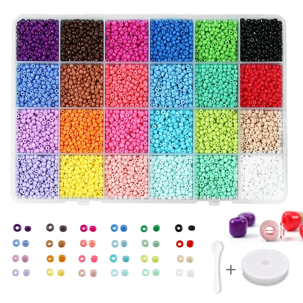 3mm 24 Opaque Colors Glass Seed Beads With 2 Rolls Strings Jewelry Making Kit Set