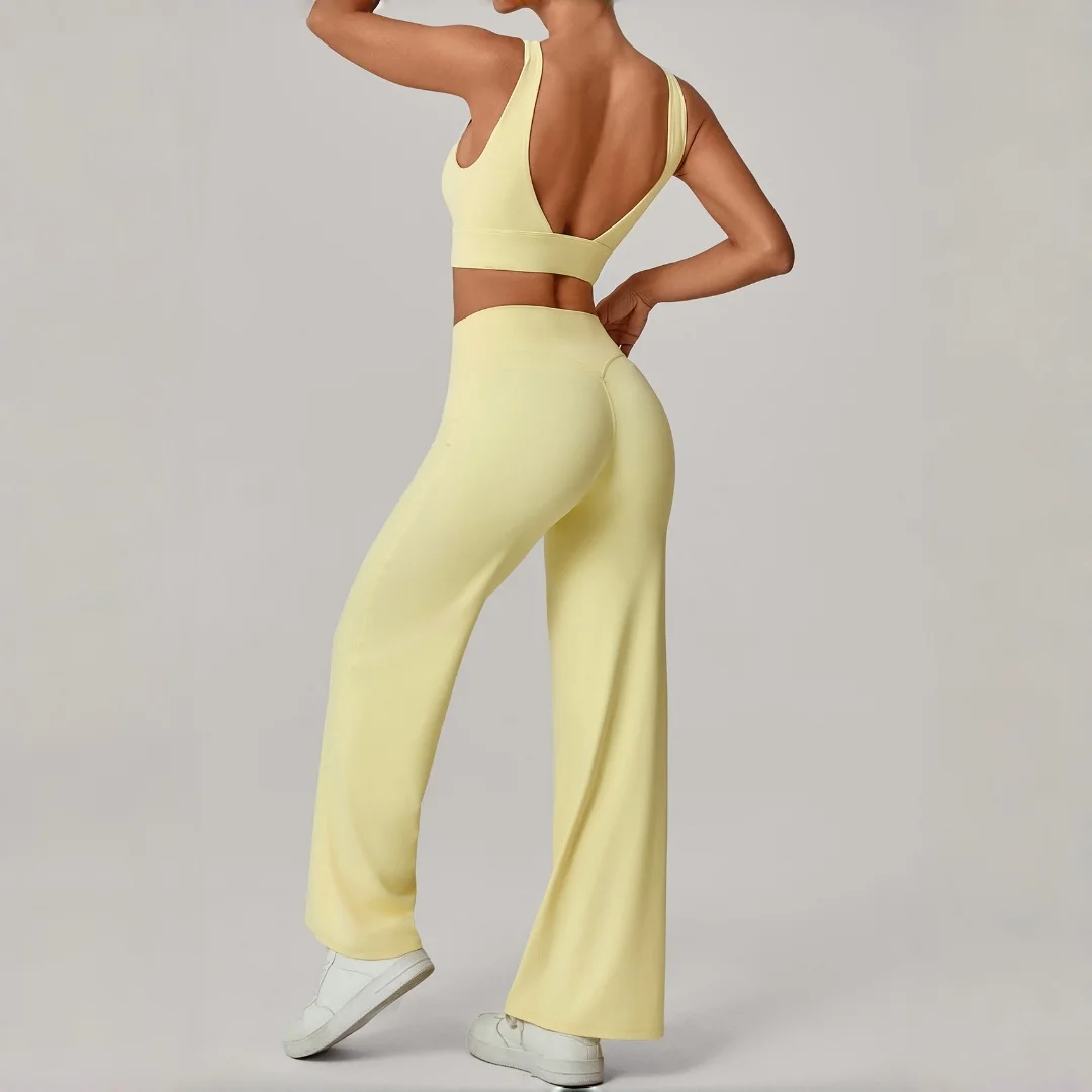 جديد عارية الذراعين سريعة الجافة سترة رياضية اليوغا 2 قطعة مجموعة عالية الخصر الورك رفع بنطال ذو قصة أرجل واسعة دعوى في الهواء الطلق تشغيل عادية اللياقة البدنية اليوغا مجموعة #6
