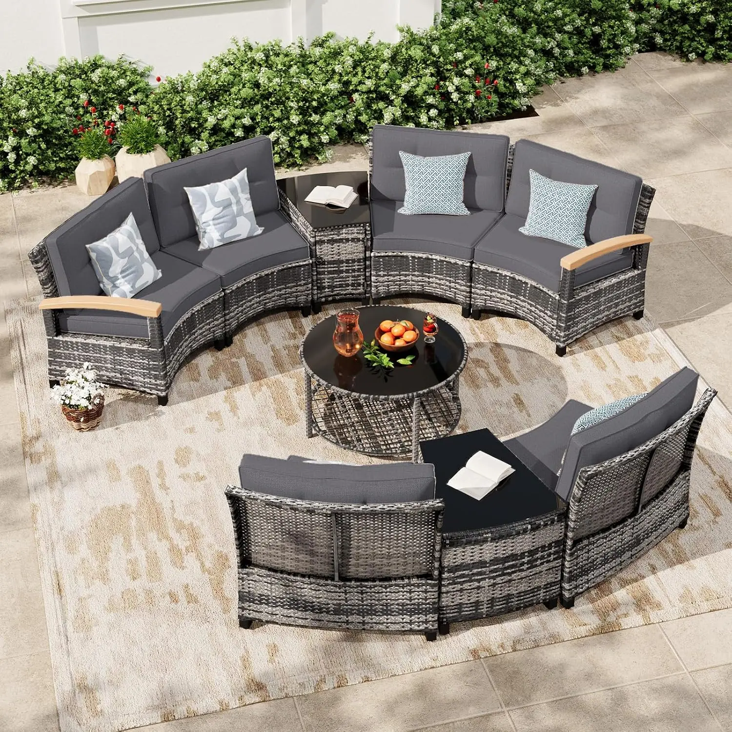 Half-Moon Curved Outdoor Patio Sectional Sofa Set with Wood Armrests, Coffee & Side Tables for Backyard Deck Garden, Customized