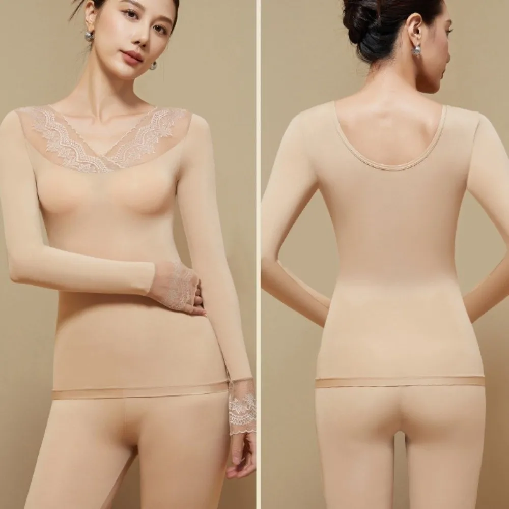 Tops and Pants Women Thermal Clothes Double-sided Wear Ultra-thin Invisible Thermal Underwear Lace V Neck Feel Heating