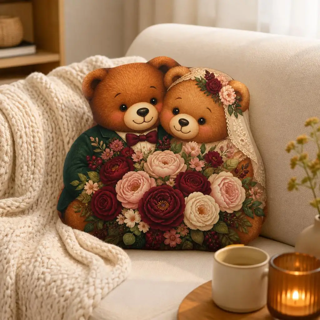 Wedding Bear Couple Plush Pillow Bride Groom Floral Throw Cushion Romantic Newlywed Keepsake Shaped Stuffed Home Decor Gift