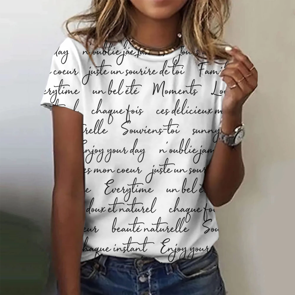 

Summer Retro Letter 3D Print T-Shirts Women's Short Sleeve Casual O-Neck T Shirt Y2k Tops Harajuku Street Tees Female Clothing