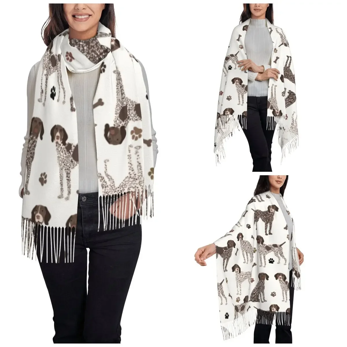 Women's Scarf with Tassel German Shorthaired Pointer Dog Bone And Paw Long Super Soft Shawl Wrap Gifts Cashmere Scarf