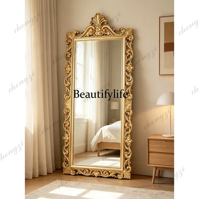 D183 French retro full-body mirror on the wall American carved full-length mirror classical entrance floor mirror