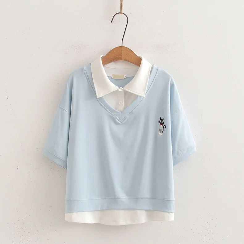 جديد 2025 الصيف القطن قصير الأكمام وهمية 2 قطعة تي شيرت ، المرأة التلبيب التطريز ، موري فتاة الحلو OL عادية فضفاض المحملة T56047CC