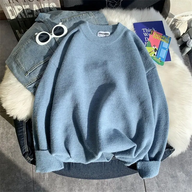 2023 New Autumn and Winter Korean Edition Simple Loose Casual Versatile Thread Round Neck Long Sleeve Solid Knit Sweater