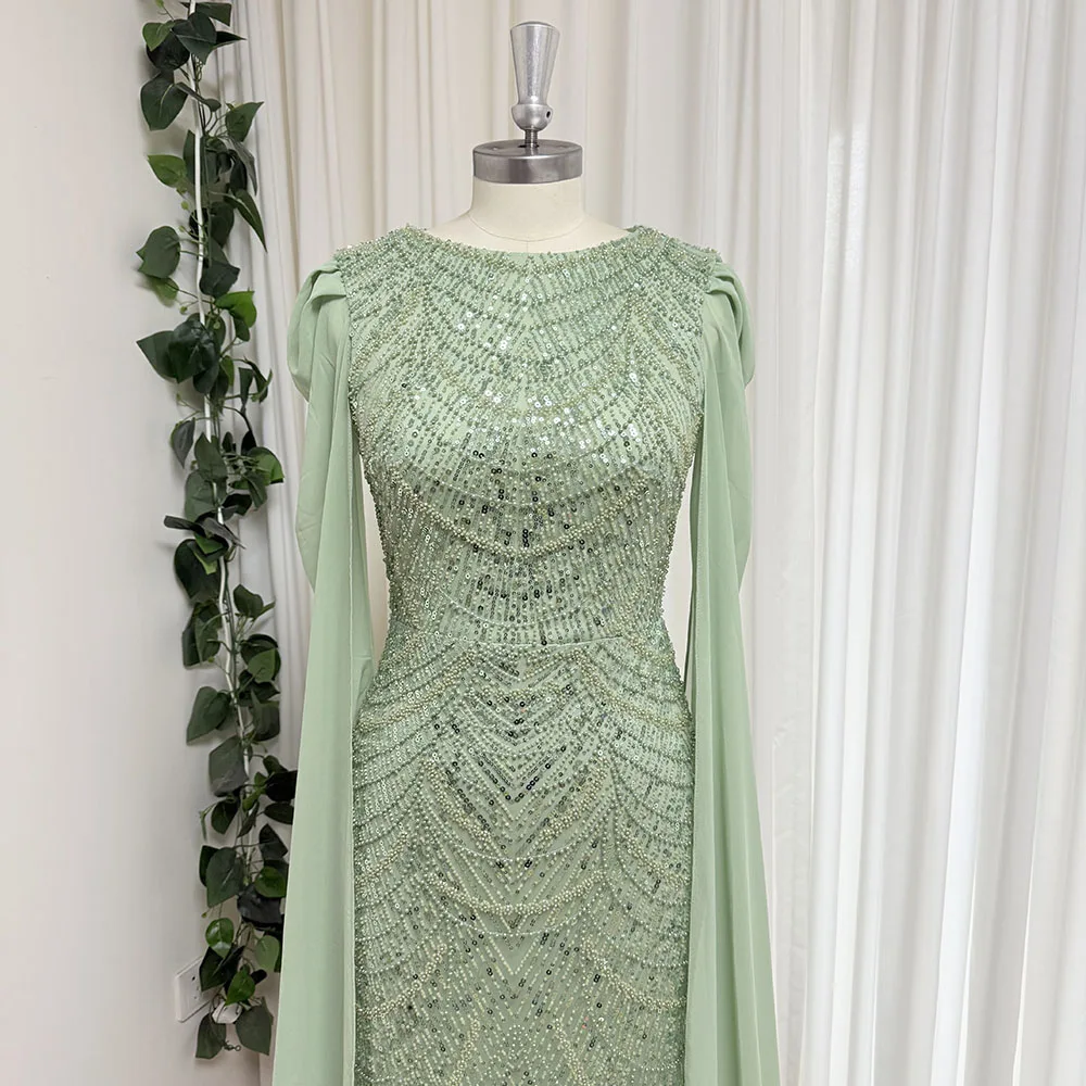 Eshaut&bridal Elegant Beaded Mermaid Evening Gown with Chiffon Cape Sleeves Pearls Formal Prom Dress for Women 2026 Customized