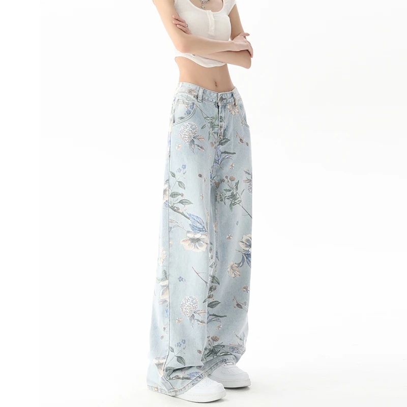 Vintage Floral Print High Waist High Street Blue Straight Jeans Pants Korean Fashion Women\'s Wide Leg Baggy Denim Trouser Y2K