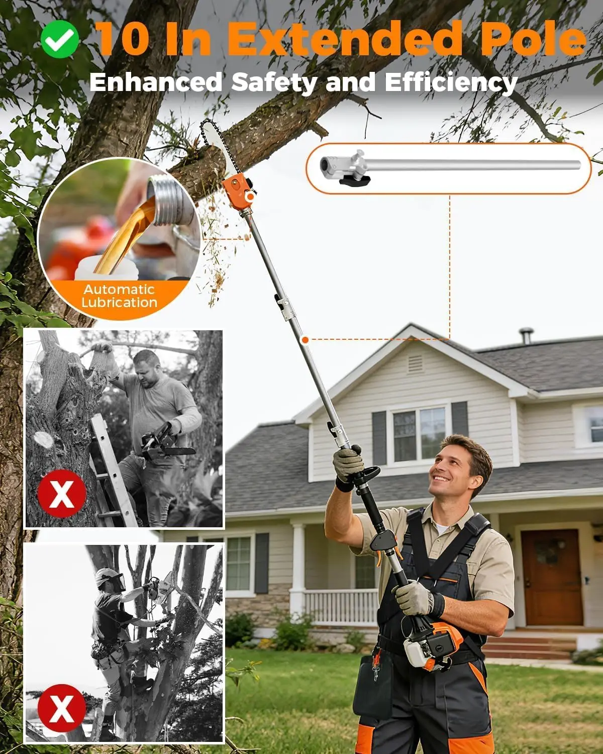 Gas Pole Saw 26CC Extendable 6995FT Gas Powered Tree Trimmer 10 Chainsaw Bar 90 Adjustable Head Cuts Branches 8 Auto Oil Yard Pr