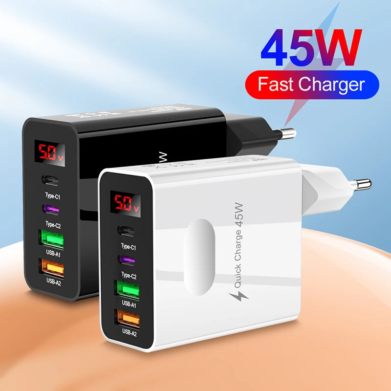 Total 45W Digital Display Charger USB Type -C Charger Quick Charge 3.0 PD Phone Charge Adapter For iPhone Samsung Xiaomi 2024