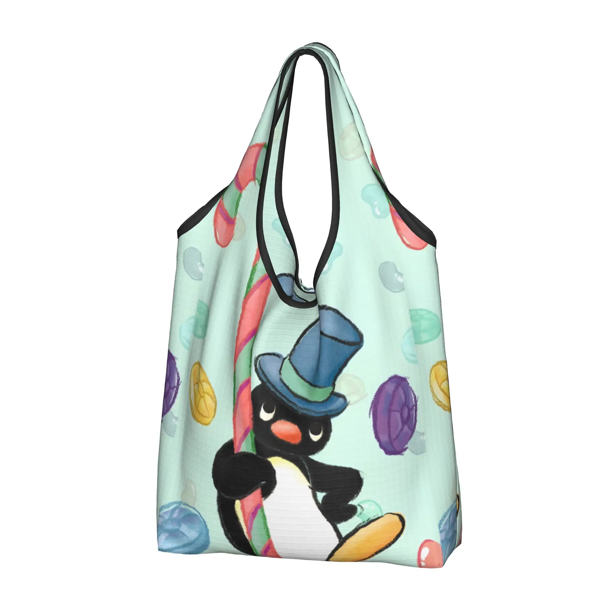 Custom Penguin Cartoon Manga Shopping Bags Women Portable Large Capacity Grocery Japan Shopper Tote Bags