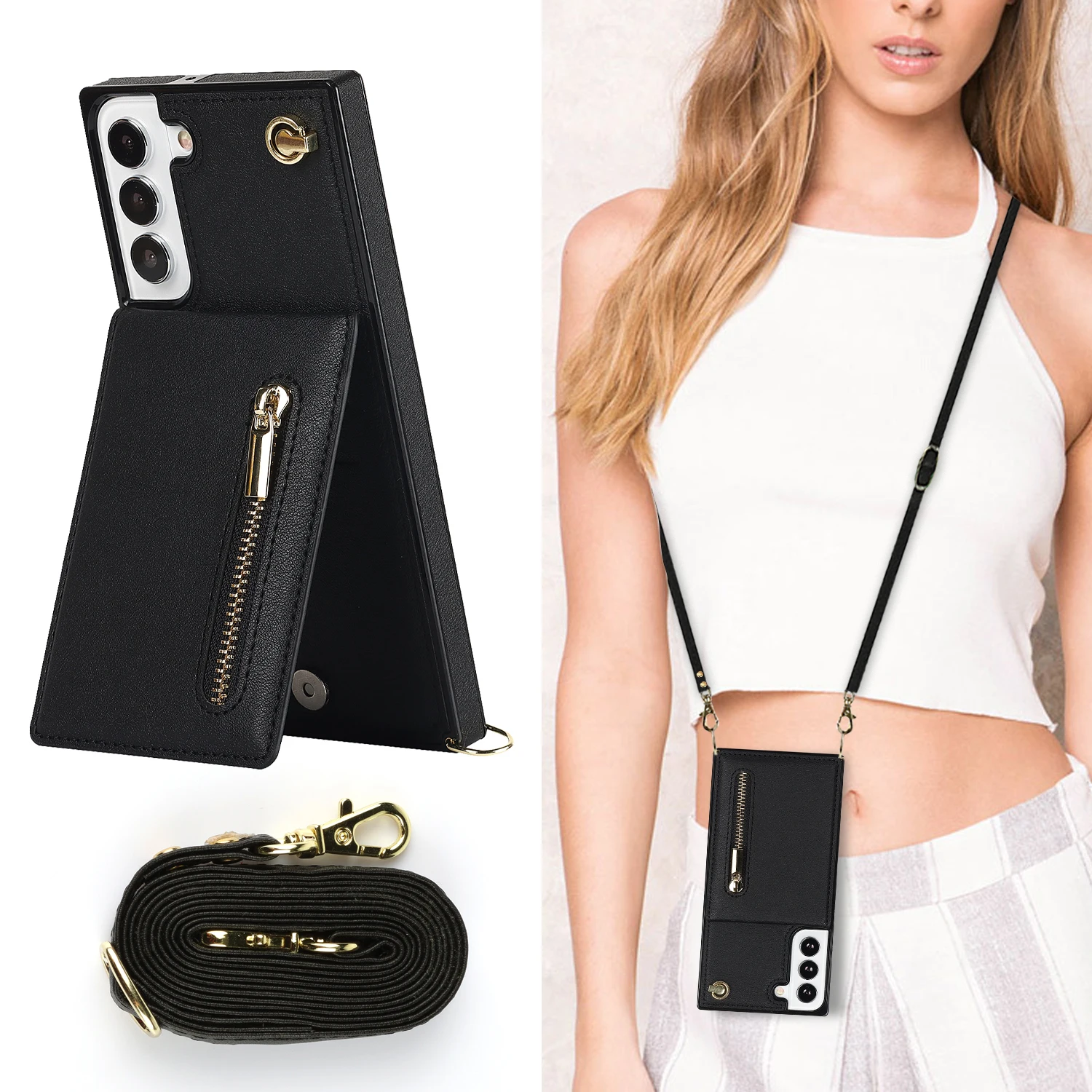 Lanyard Cards Solt Cover Zipper Wallet CrossBody Case For Samsung Galaxy S24 Ultra S22 S21 Note20 S20 S10 S23 Plus Stand Cover