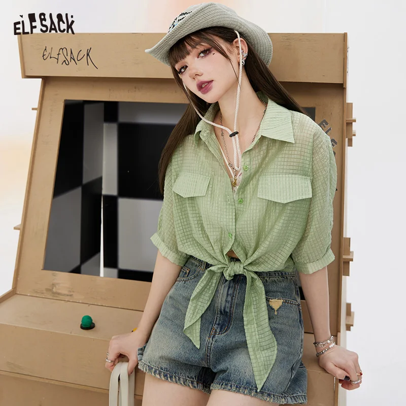 

ELFSACK Short sleeved chiffon shirt female Summer 2024 New models Loose fitting Thin cover up shirt Versatile Lapel collar