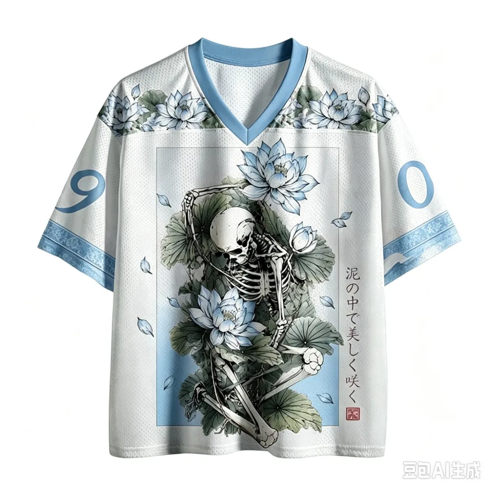 Fashion Skeleton Lotus Pattern 3D Printed Casual Street Punk Outdoor Fitness Men Plus-sizeV-neck T-shirt Large Size parent-child
