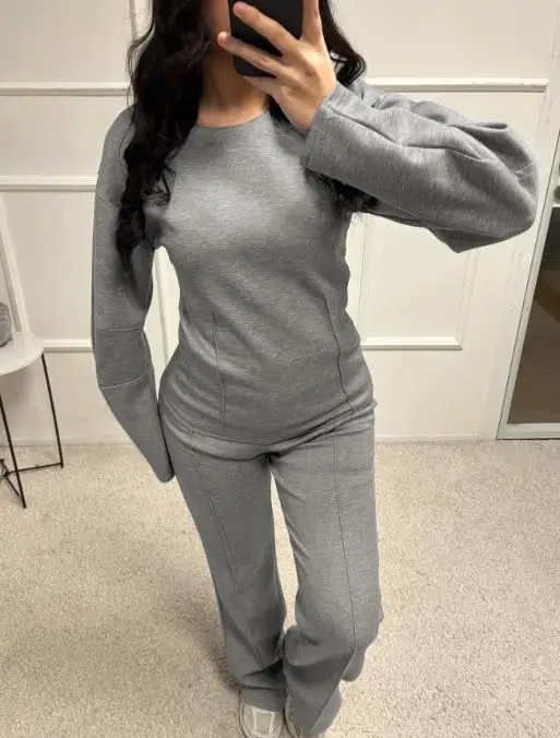 Herfst casual losse 2-delige set effen kleur ronde hals pitstreep gesplitste top en hoog getailleerde broek met rechte pijpen
