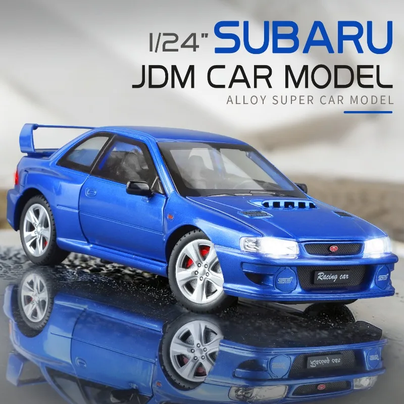 

Модель автомобиля Subaru STI в масштабе 1/24, литая под давлением, декоративное украшение, подарок на день рождения, коллекционная миниатюра с звуком и светом