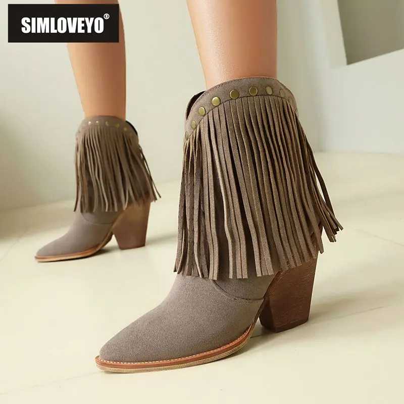 

SIMLOVEYO Женские ботинки в стиле вестерн - остроконечный носок, замшевые замшевые слипоны из флока с бахромой, модный осенний стиль, размеры 42–43