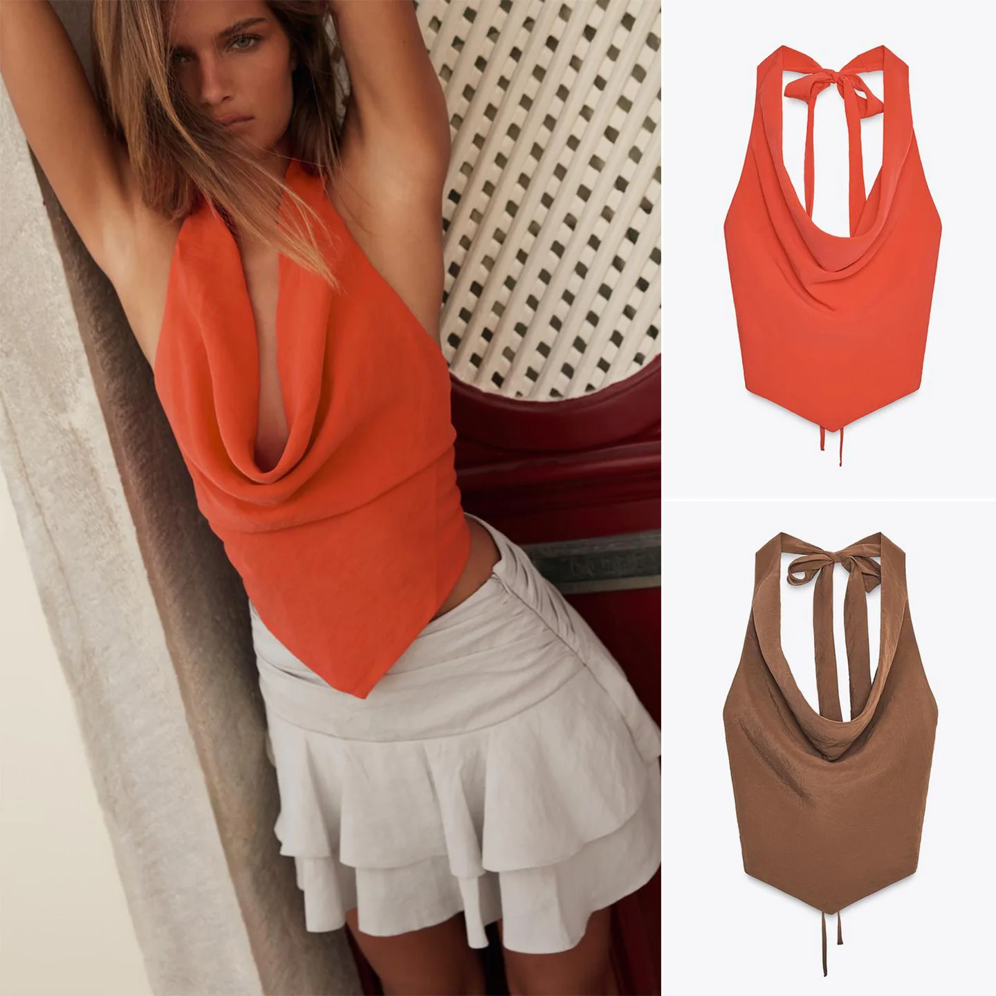 

Sexy Knot Design Holiday Hanging Ne Collar Pleated Top Women's Slim Fit Polyester Fiber ort Length Color