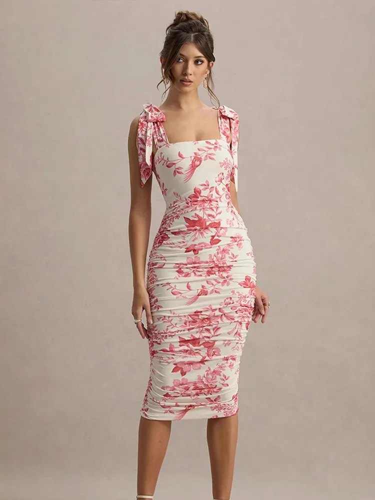 スリムフィットプリントレースアップドレーププリーツギャザーウエストミディスカート（ヴィンテージ風レディースサマードレス）