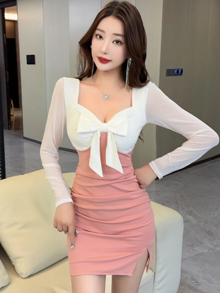 الخريف الأزرق المرقعة الأبيض القوس ساحة طوق فستان قصير 2025 أنيقة فستان المنزل غير رسمي المرأة الكورية موضة Bodycon فستان الحفلات #4