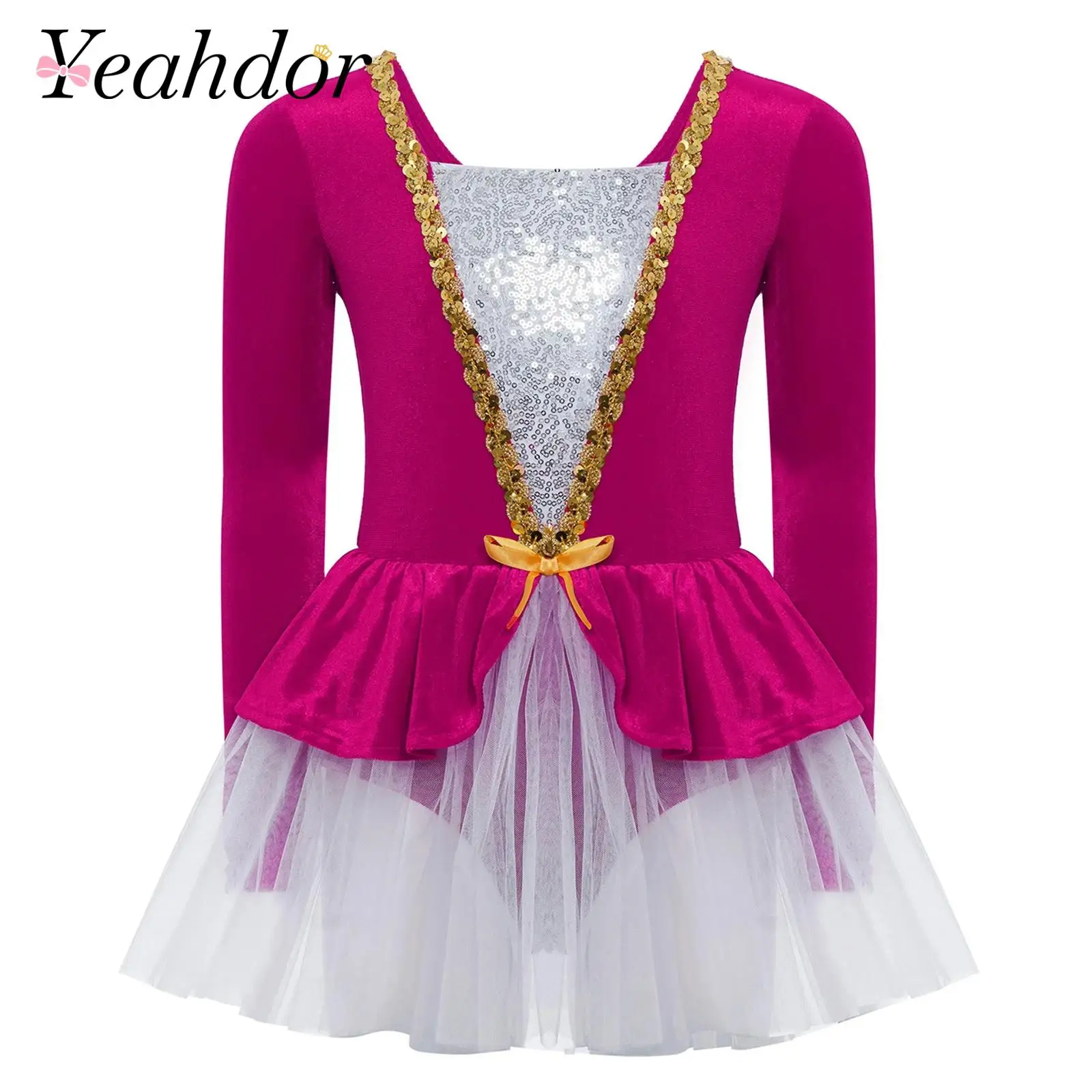 Children Christmas Tutu Dress Girls Shiny Sequins Dress Kids Patchwork Velvet Figure Skating Ballet Dance Carnival Party Costume