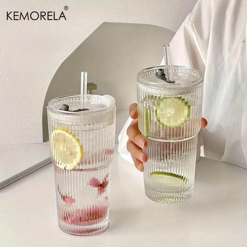 600ml Stripe Glass Cup with Lid and Straw Transparent Drinking Glasses for Juice Water and Iced Coffee Cups Mug Drinkware