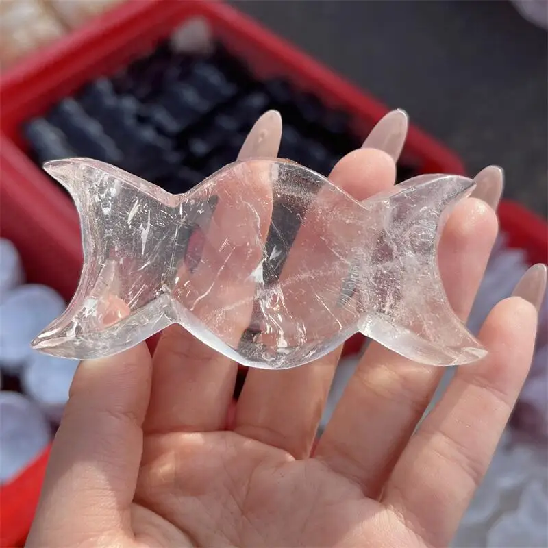 Natural Clear Quartz Three-phase Moon Bowl Carving Figurine Reiki Healing Fengshui Crafts Home Office Decor Gifts 1pcs